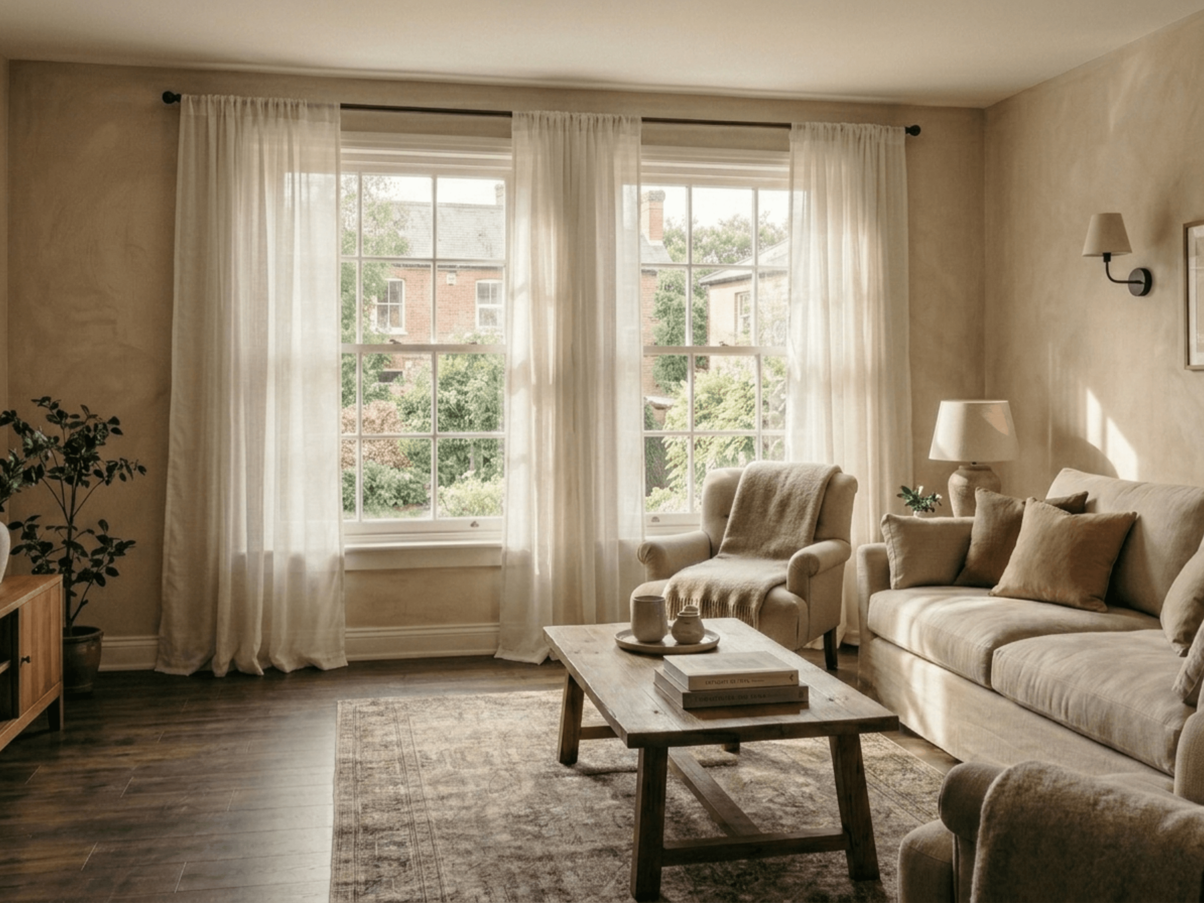Neutral linen curtains in a calm living room with soft daylight