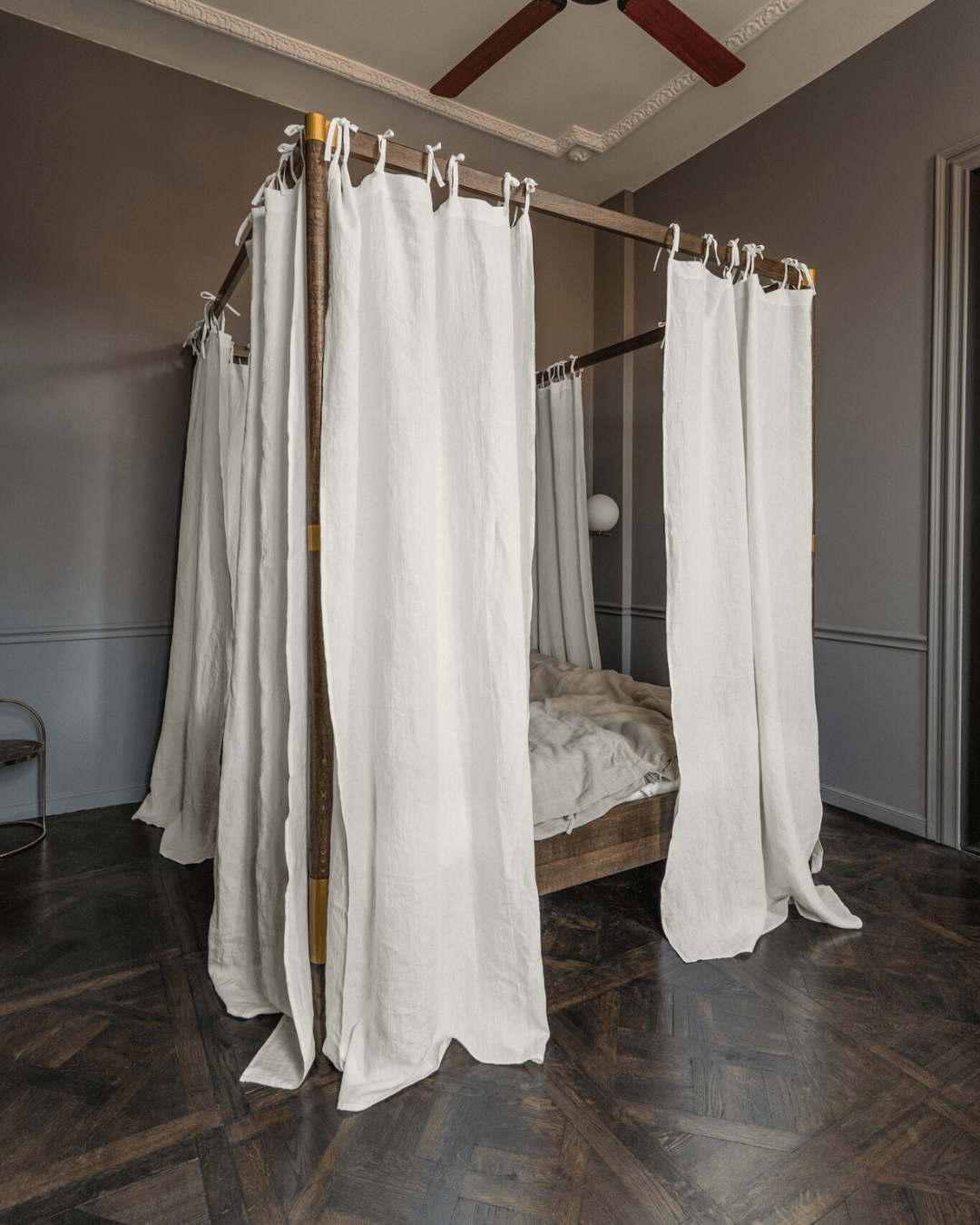 Off white linen canopy curtains with tie heading, full panel drape view