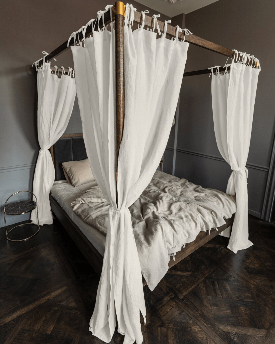 Off white linen canopy curtains with ties, boho bedroom styling
