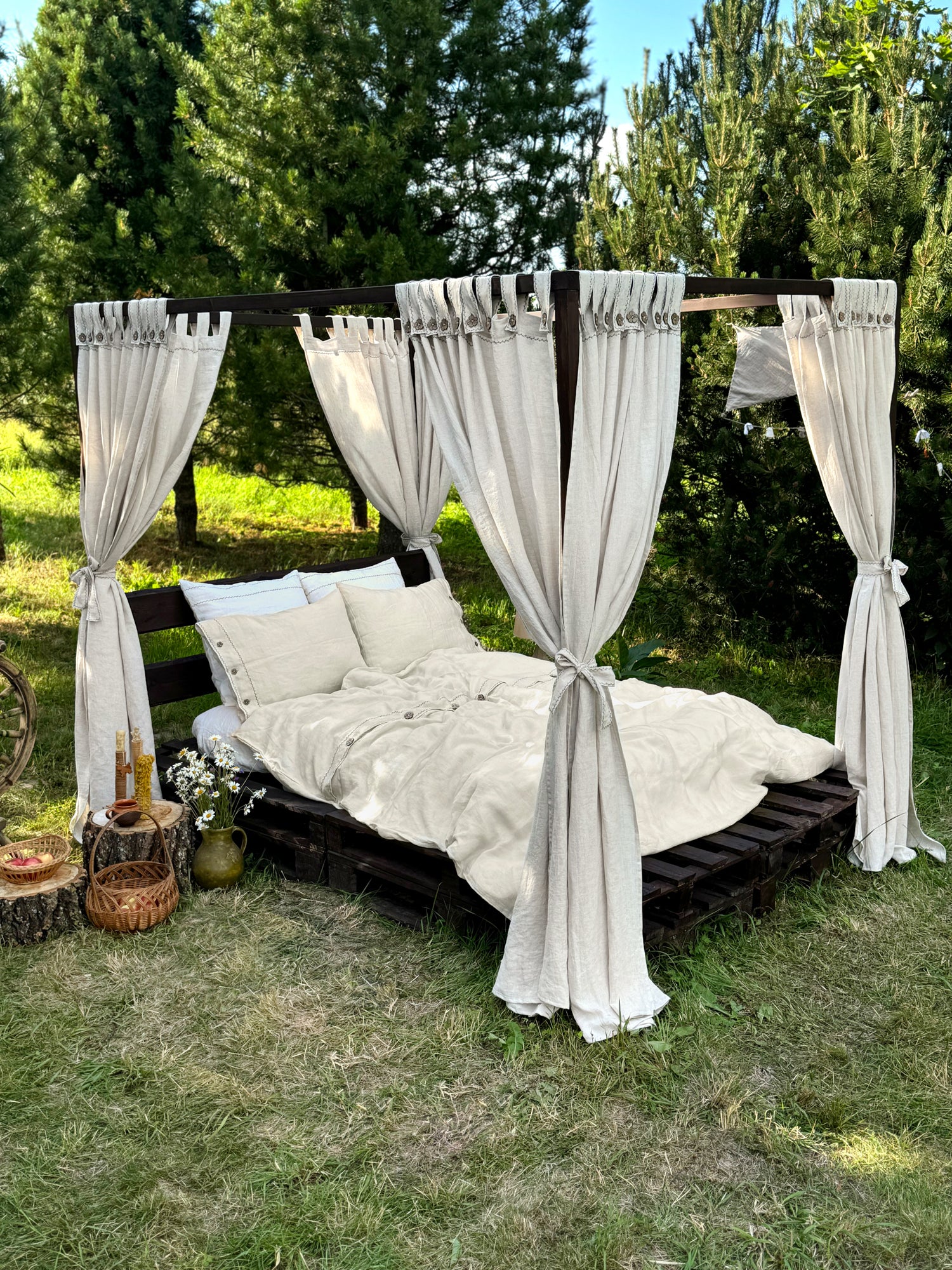Black embroidered linen bedding set UK double size on bed