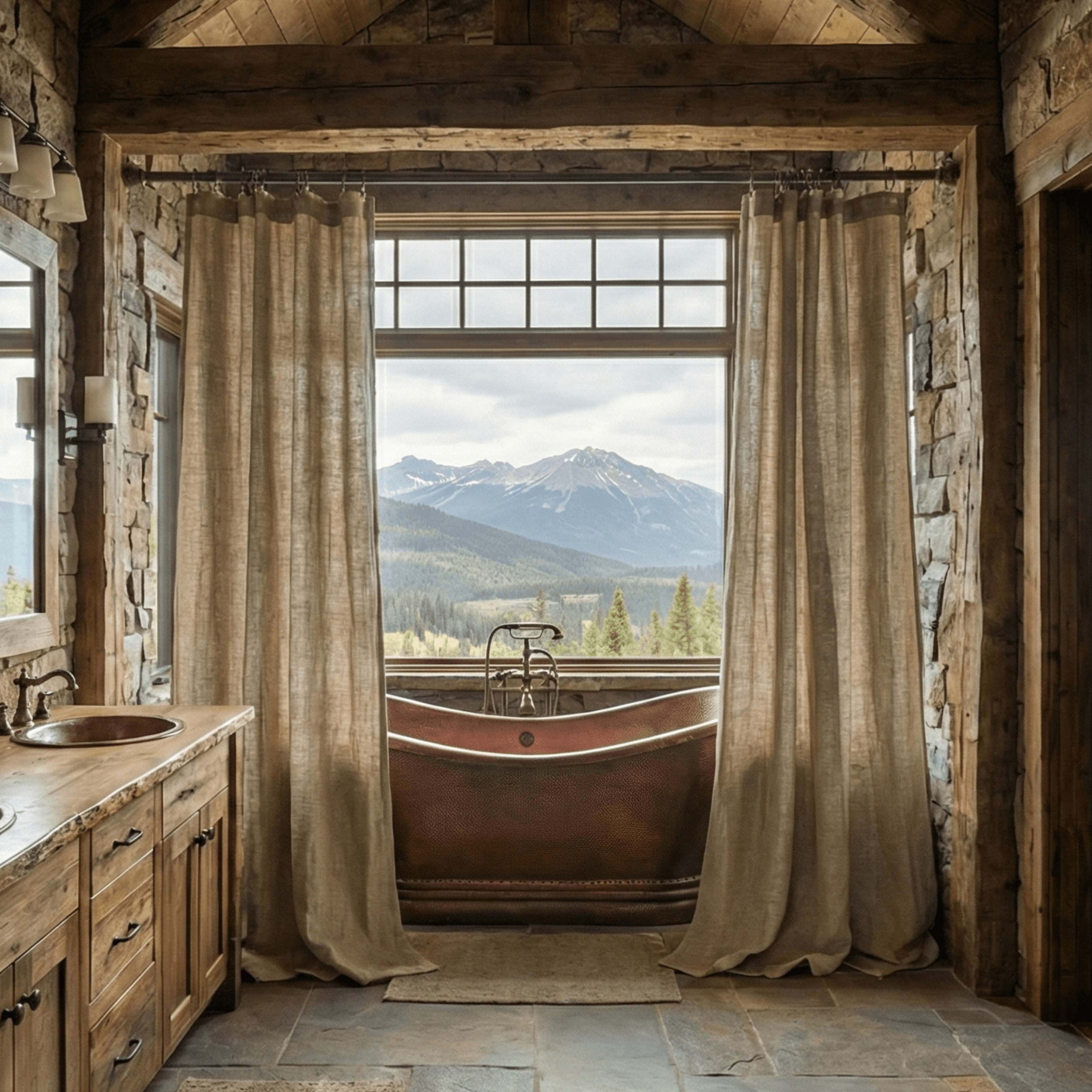 Natural linen shower curtain styled in a rustic bathroom with a bathtub