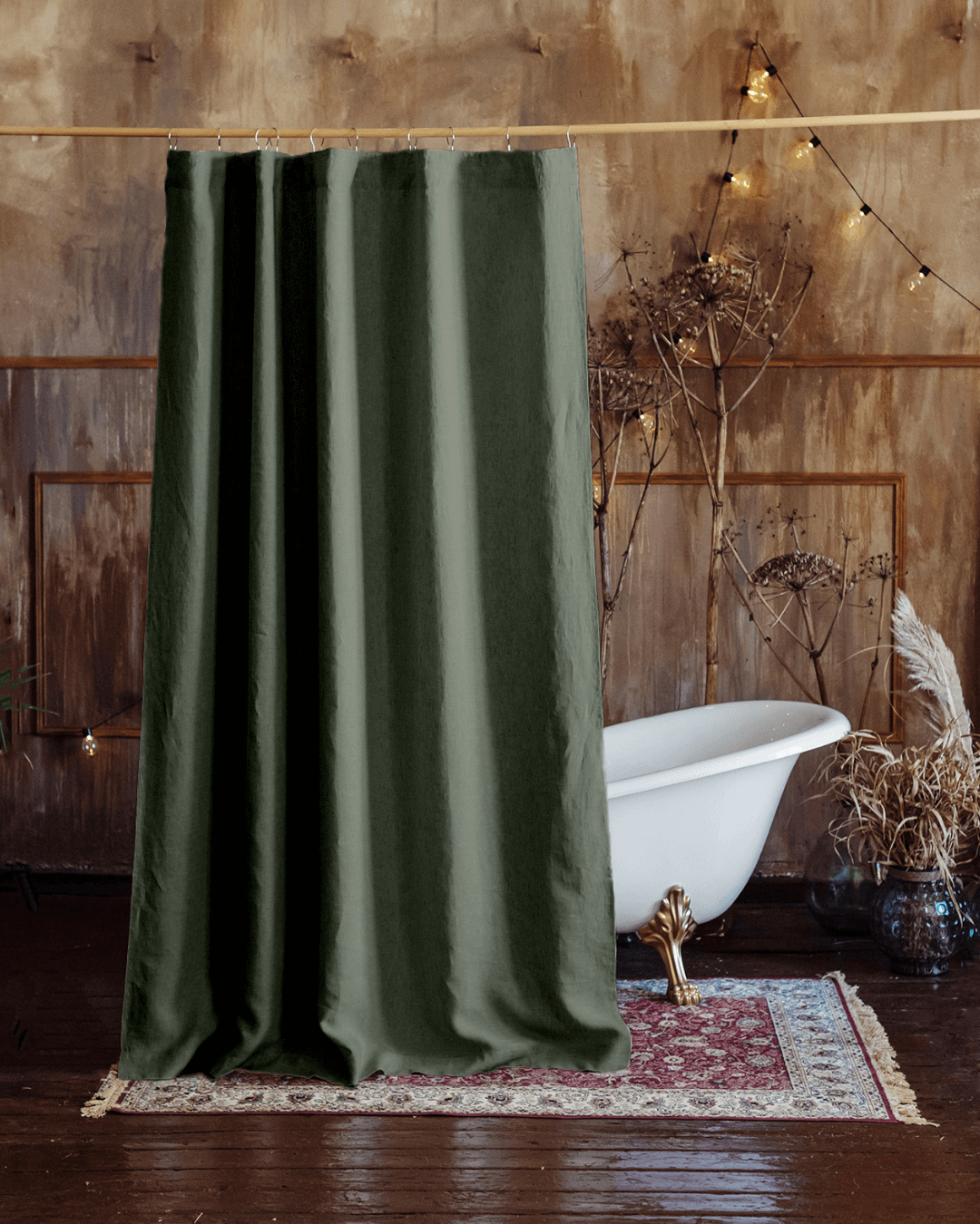 Safari green linen shower curtain, custom size, front view