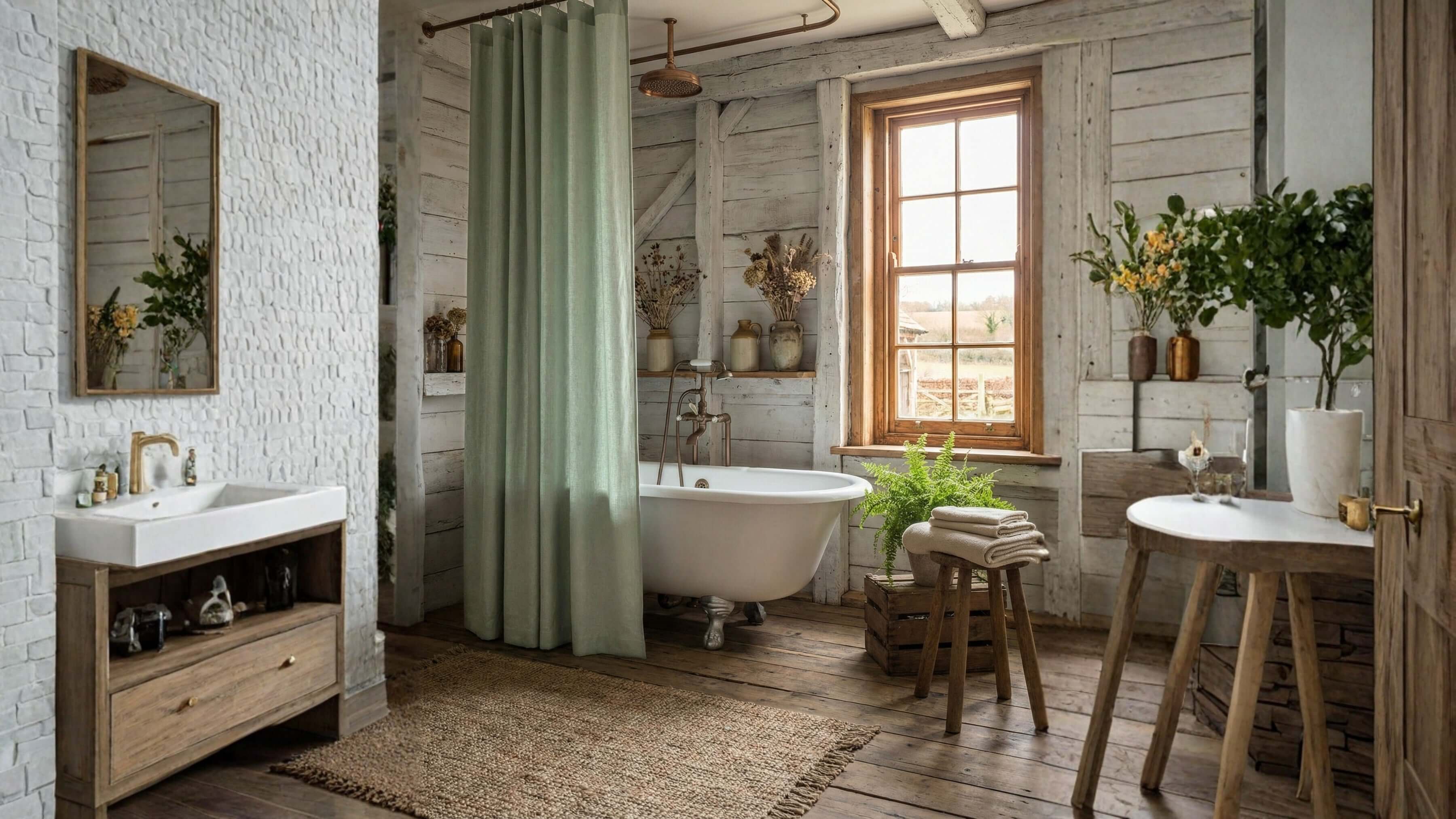 Sage green linen shower curtain styled in a bathroom with natural light