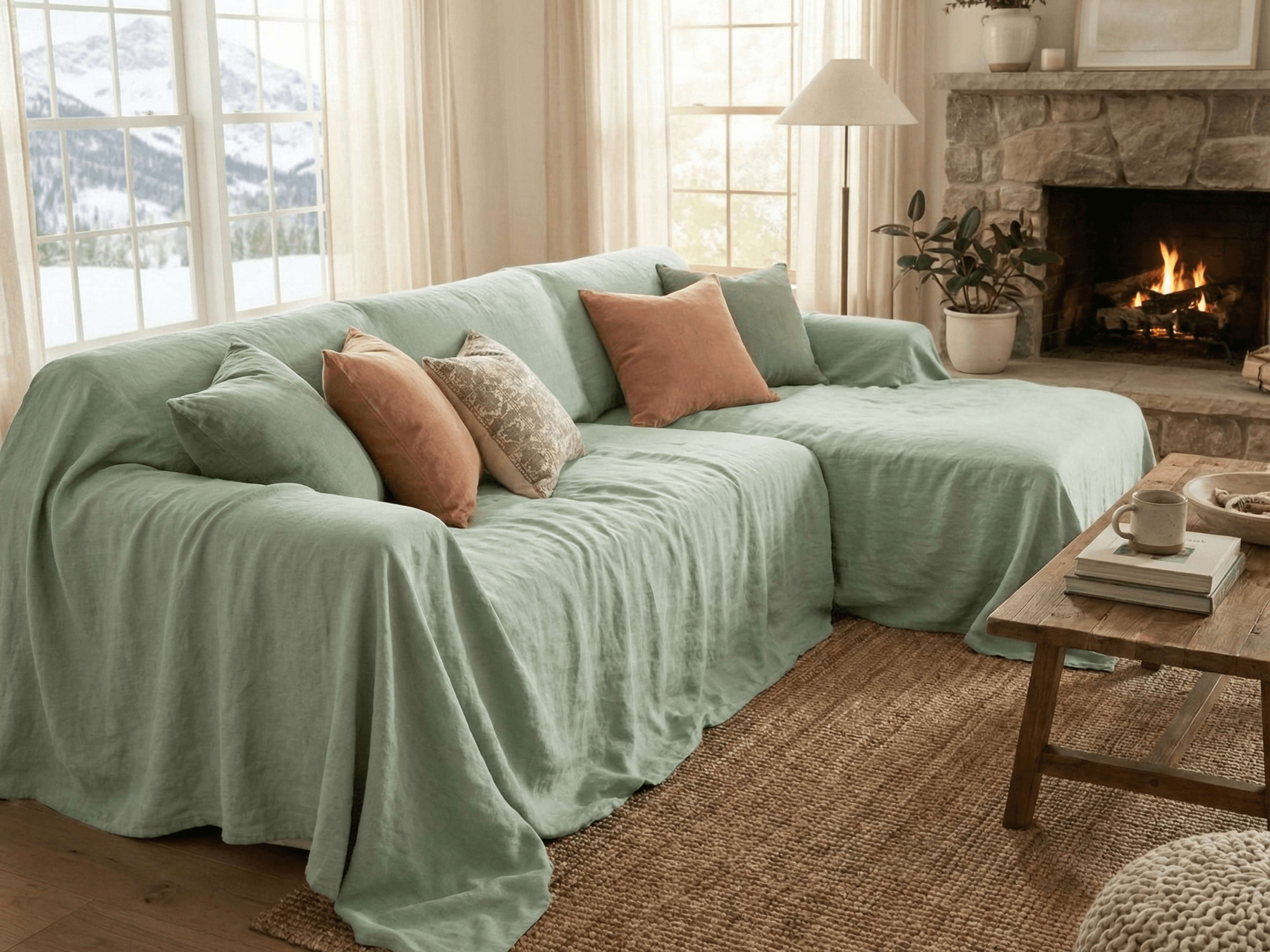 Sage green linen sofa cover styled in a soft neutral living room