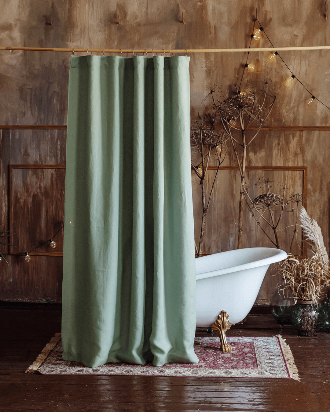 Sage green linen fabric shower curtain, custom size, front view