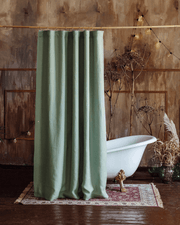 Sage green linen fabric shower curtain, custom size, front view