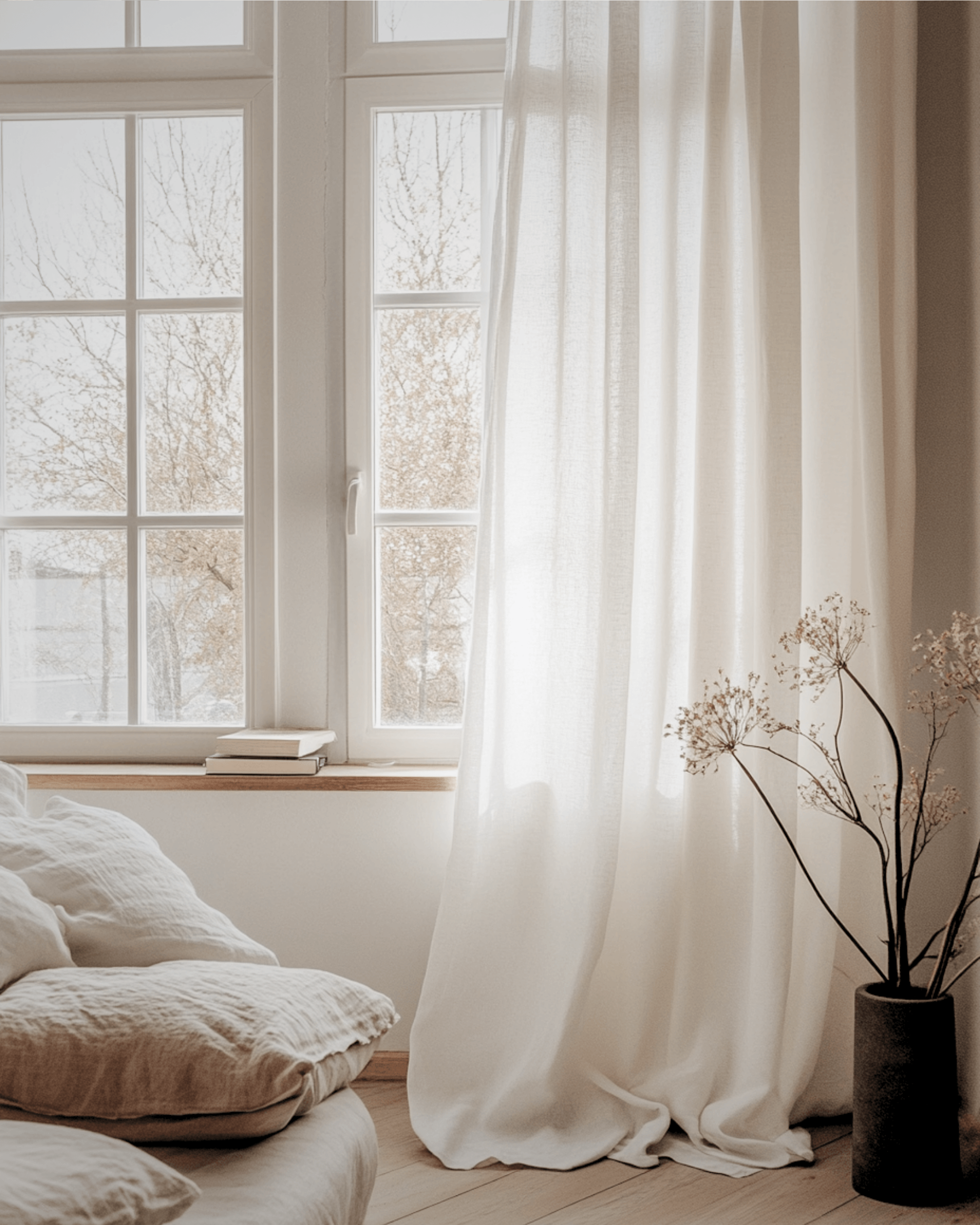 Semi sheer linen curtains custom size softening a bedroom window beside relaxed bedding.
