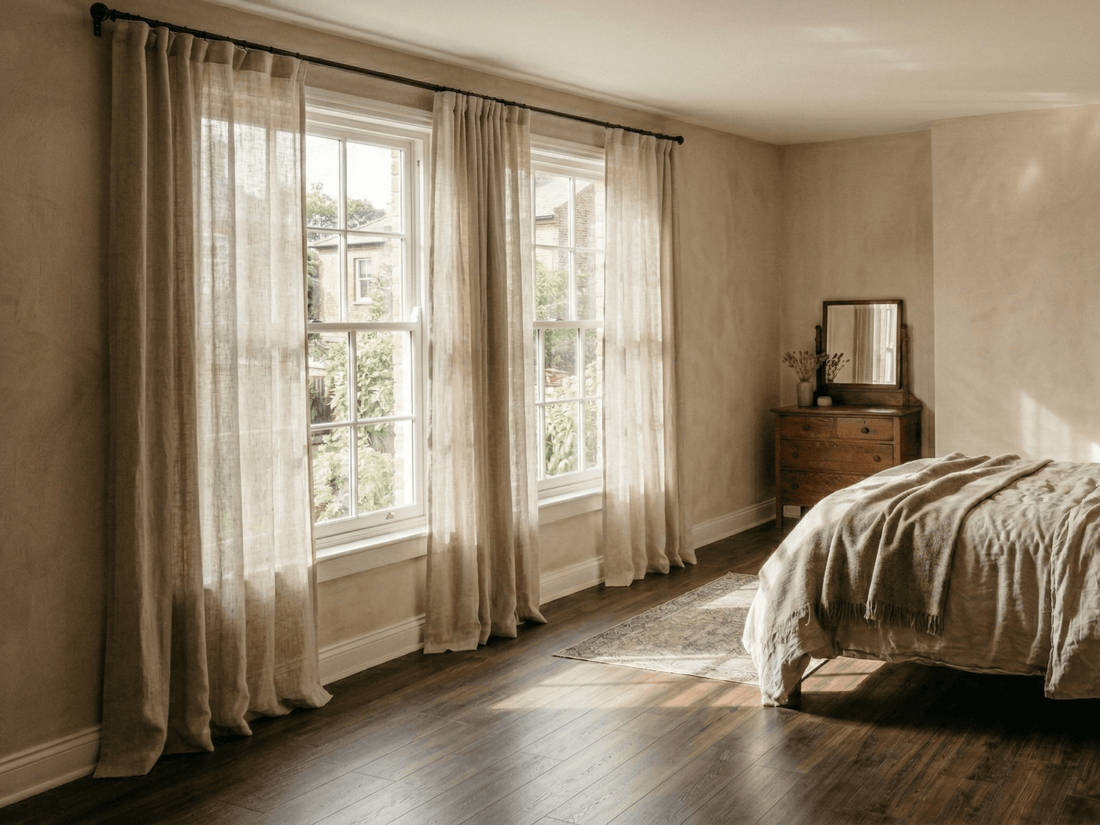 Semi-sheer linen curtains filtering daylight in a neutral bedroom