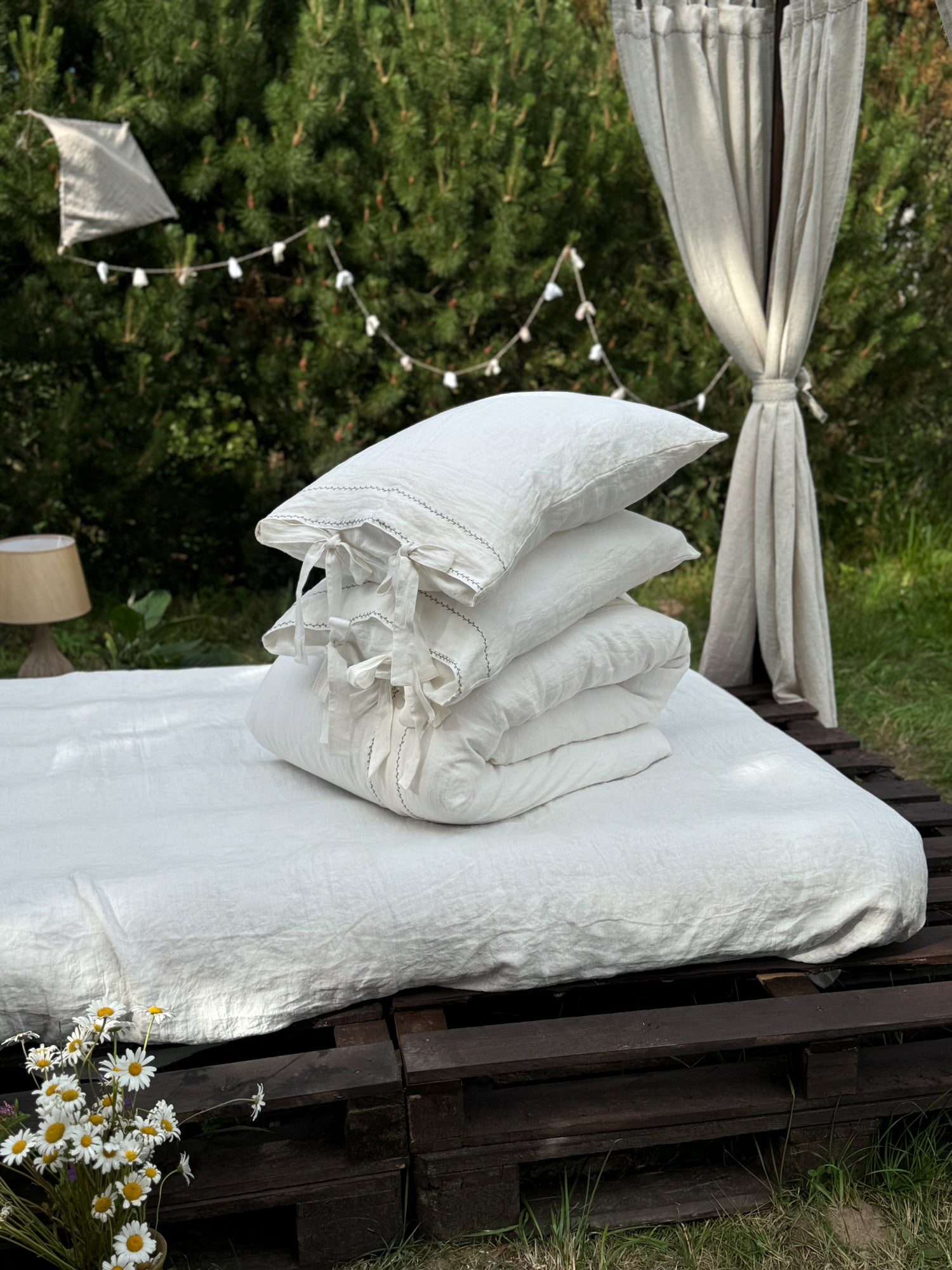 Black embroidered linen bedding set, lifestyle bedroom photo, UK size