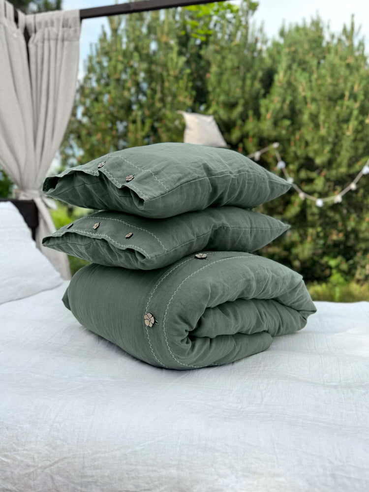 White embroidered linen bedding set with sage green pillowcases, EU, UK, US size