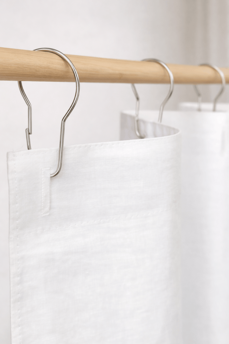 White linen curtain with buttonholes shown hanging