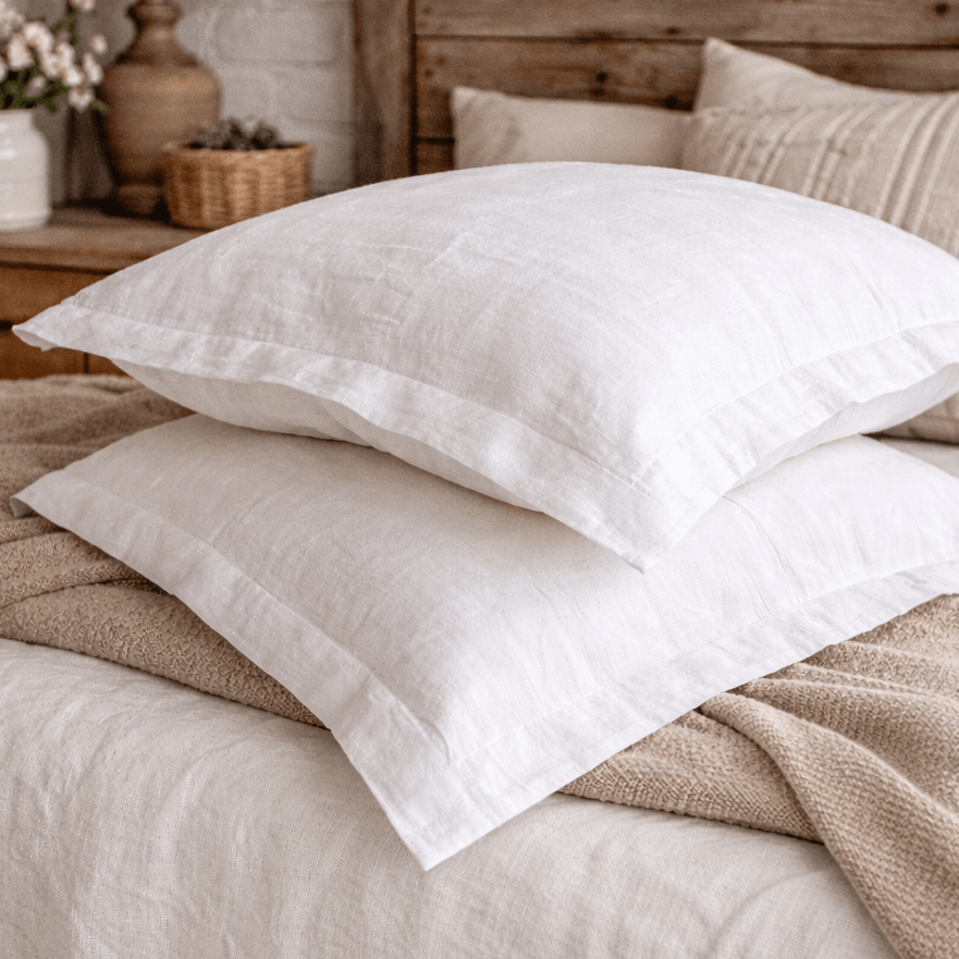 White linen pillows with flanged stacked on bed, soft natural texture