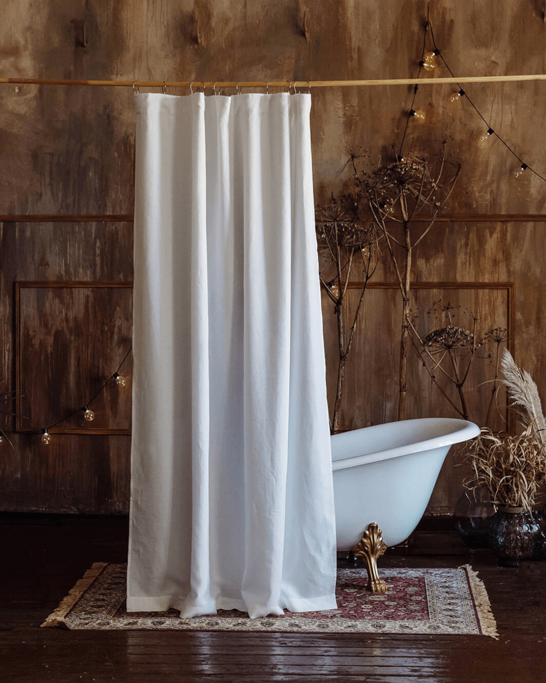 White linen shower curtain with lining, custom size, front view