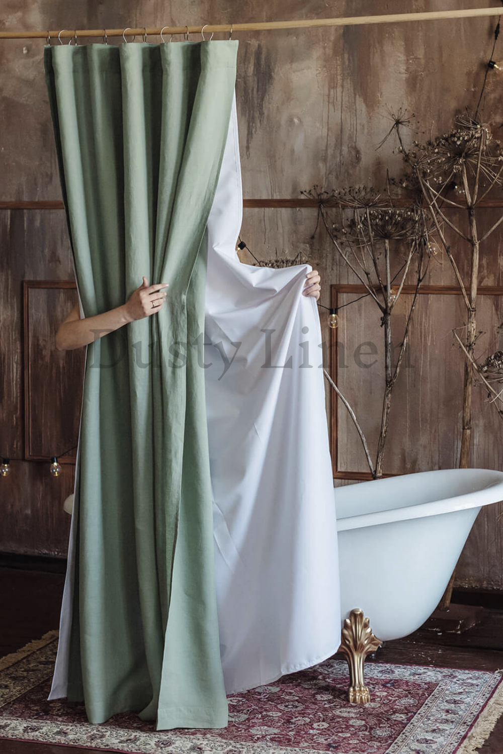 Minimalistic style a bathroom with a bathtub and a elegant shower curtain in sage green.