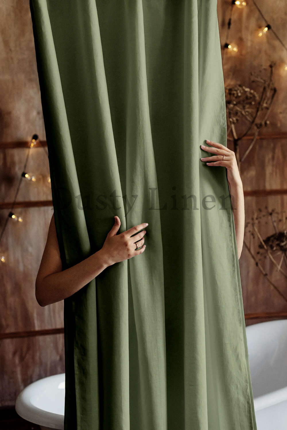 Best housewarming gift - Bathroom decoration with Dusty Linen khaki green bathroom shower drape