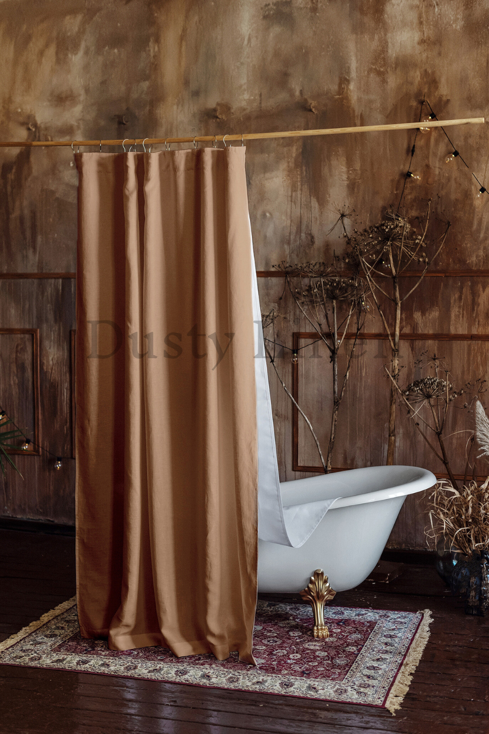 Best selling camel brown color linen bath curtain made by Dusty Linen for rustic interior.