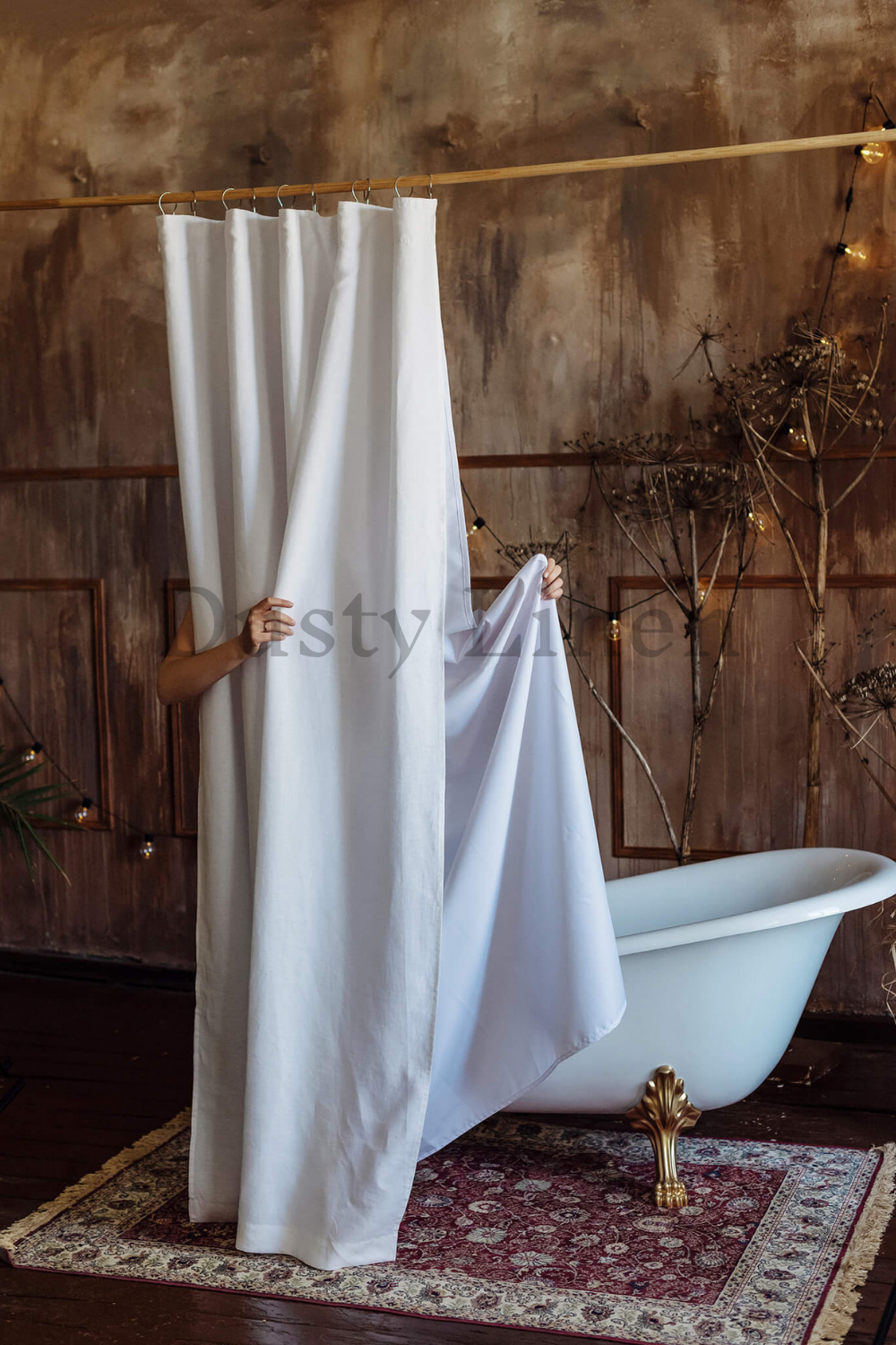 Rustic style a bathroom with a bathtub and a elegant shower curtain in white color.