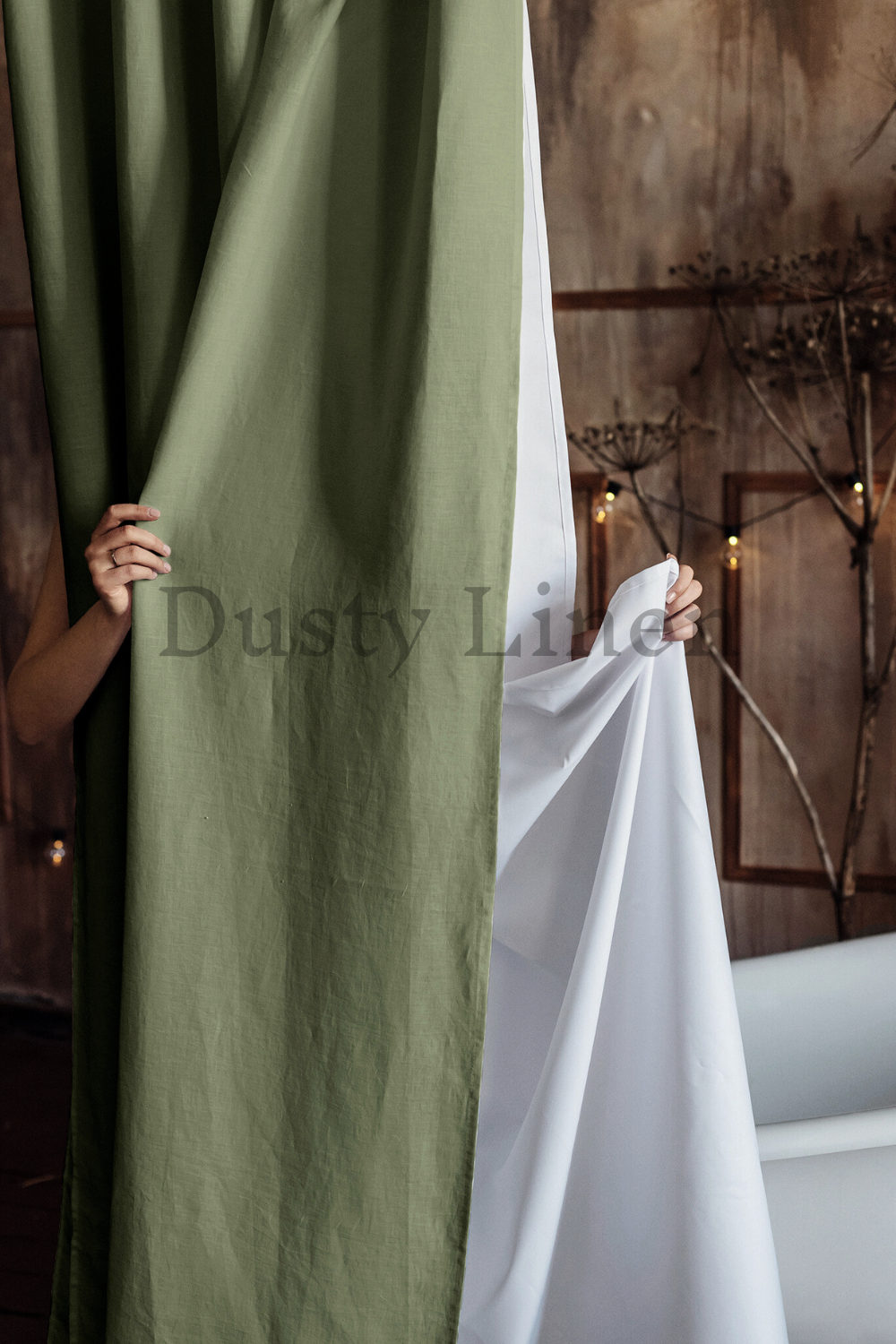 Boho style a bathroom with a bathtub and a elegant shower curtain in Khaki green.