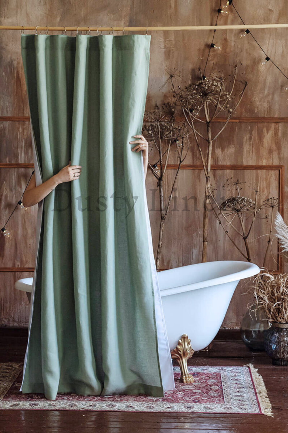 Sage Green country style linen drapery - bathroom panel - bath curtain