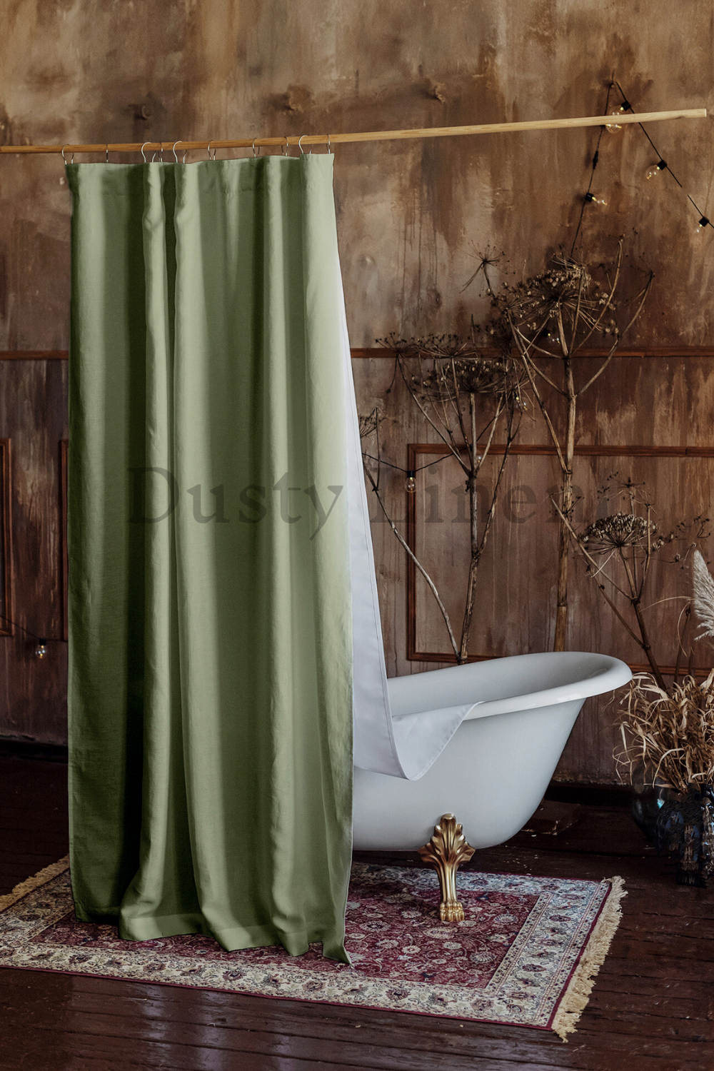 Dusty Linen made best selling khaki green color linen bath curtain for rustic interior