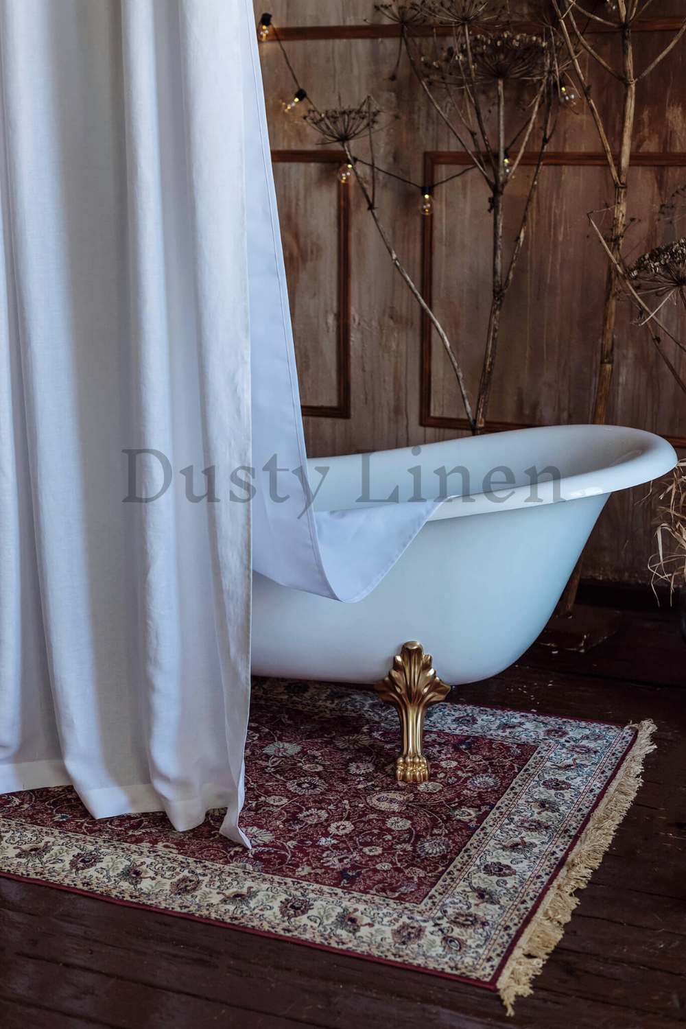 a white bath tub sitting on top of a rug