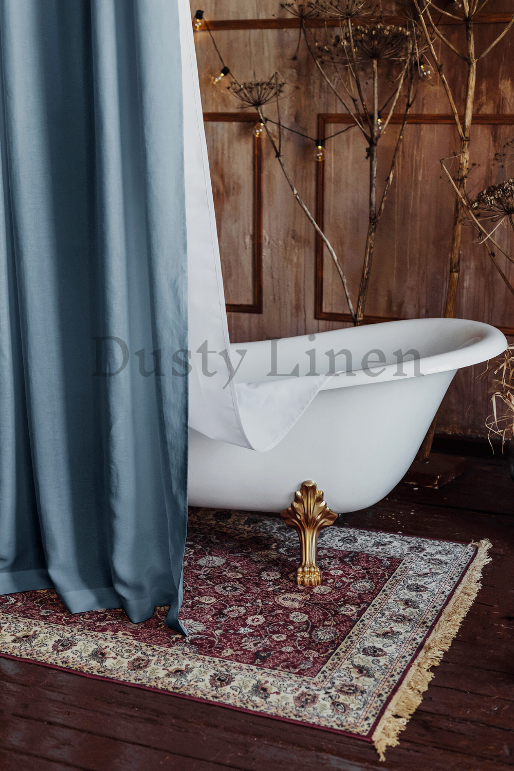 French style a bathroom with a bathtub and a elegant shower curtain in gray blue.