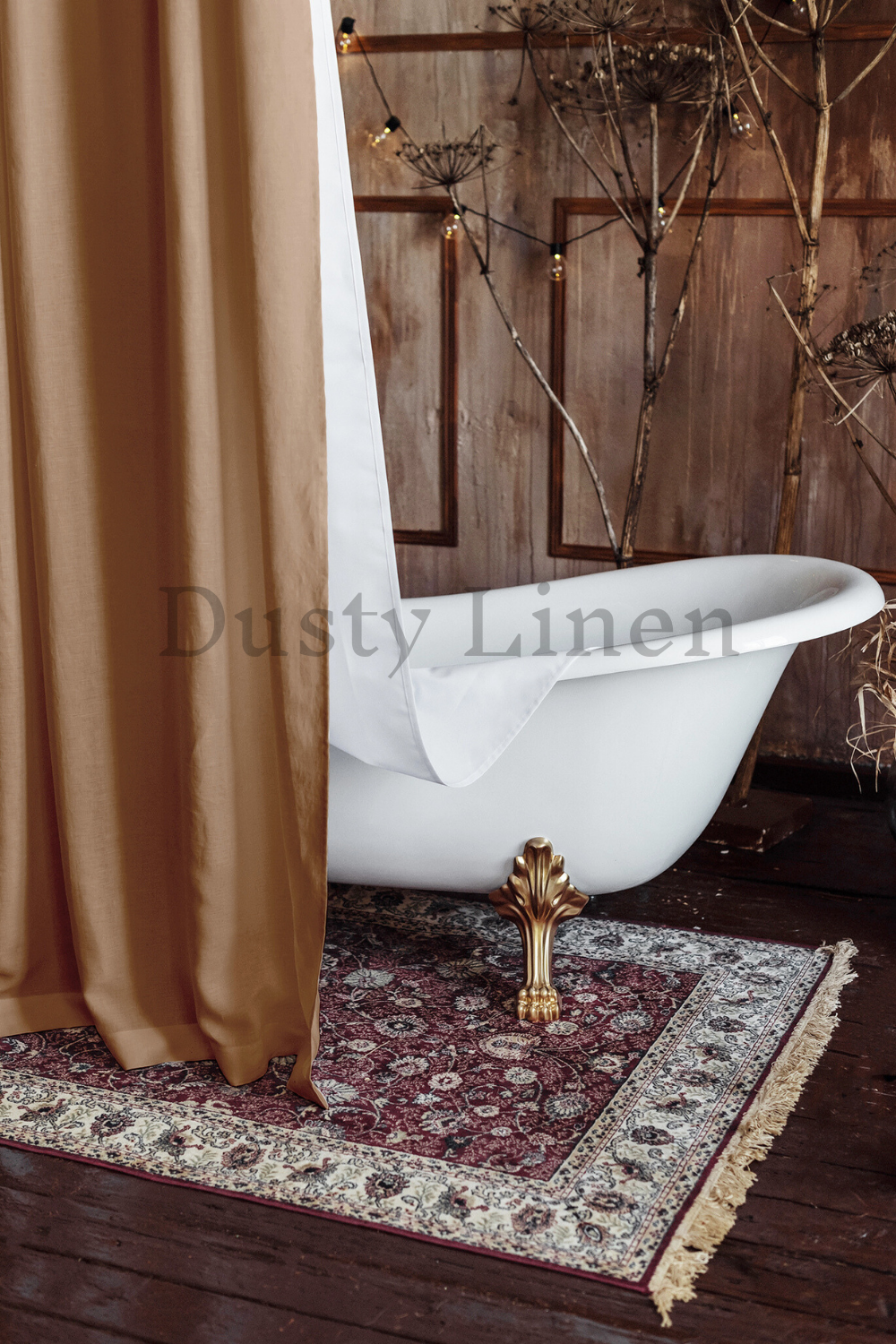 Bathroom decore with DustyLinen camel brown custom shower curtain.