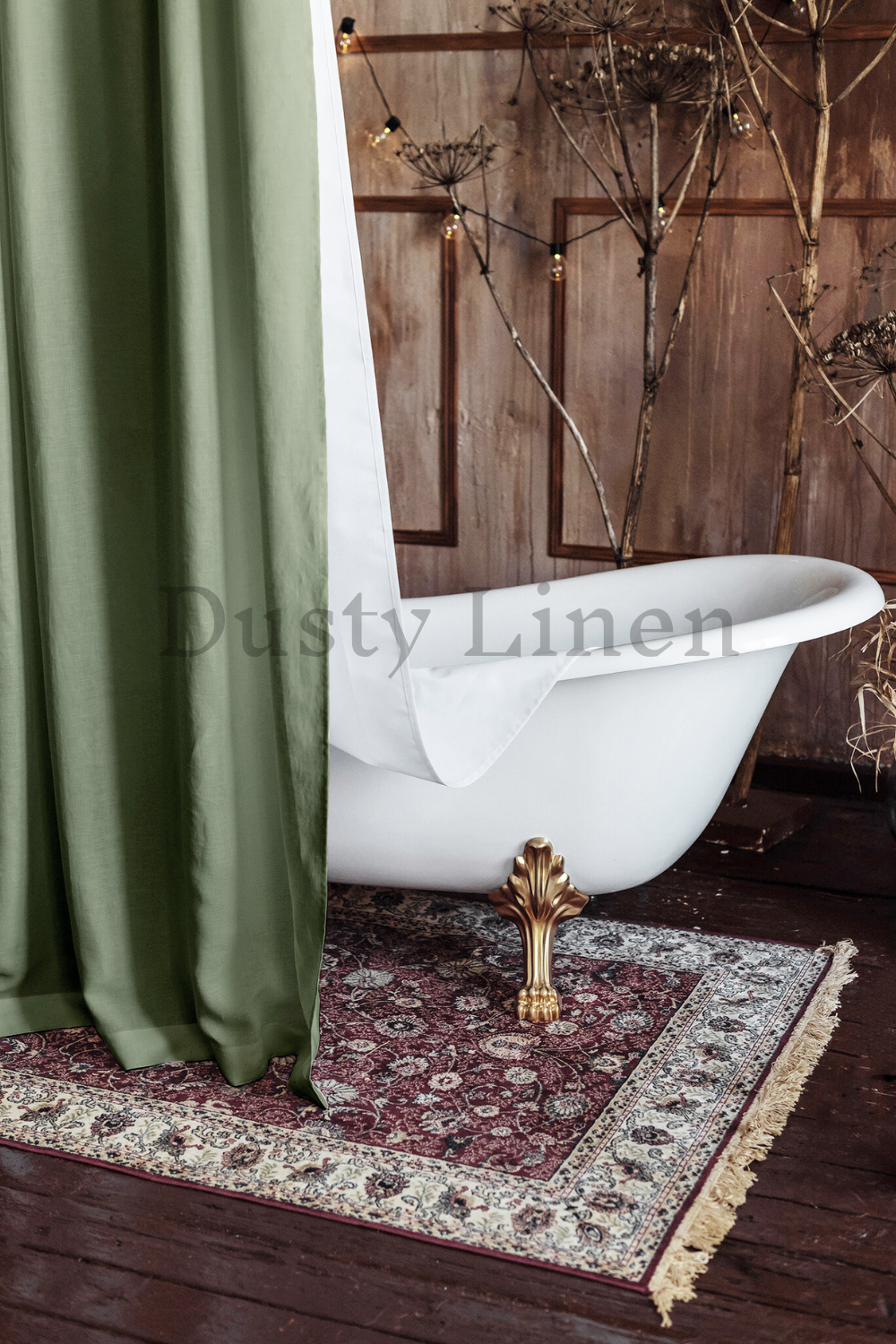 Bathroom decore with DustyLinen khaki green custom shower curtain.