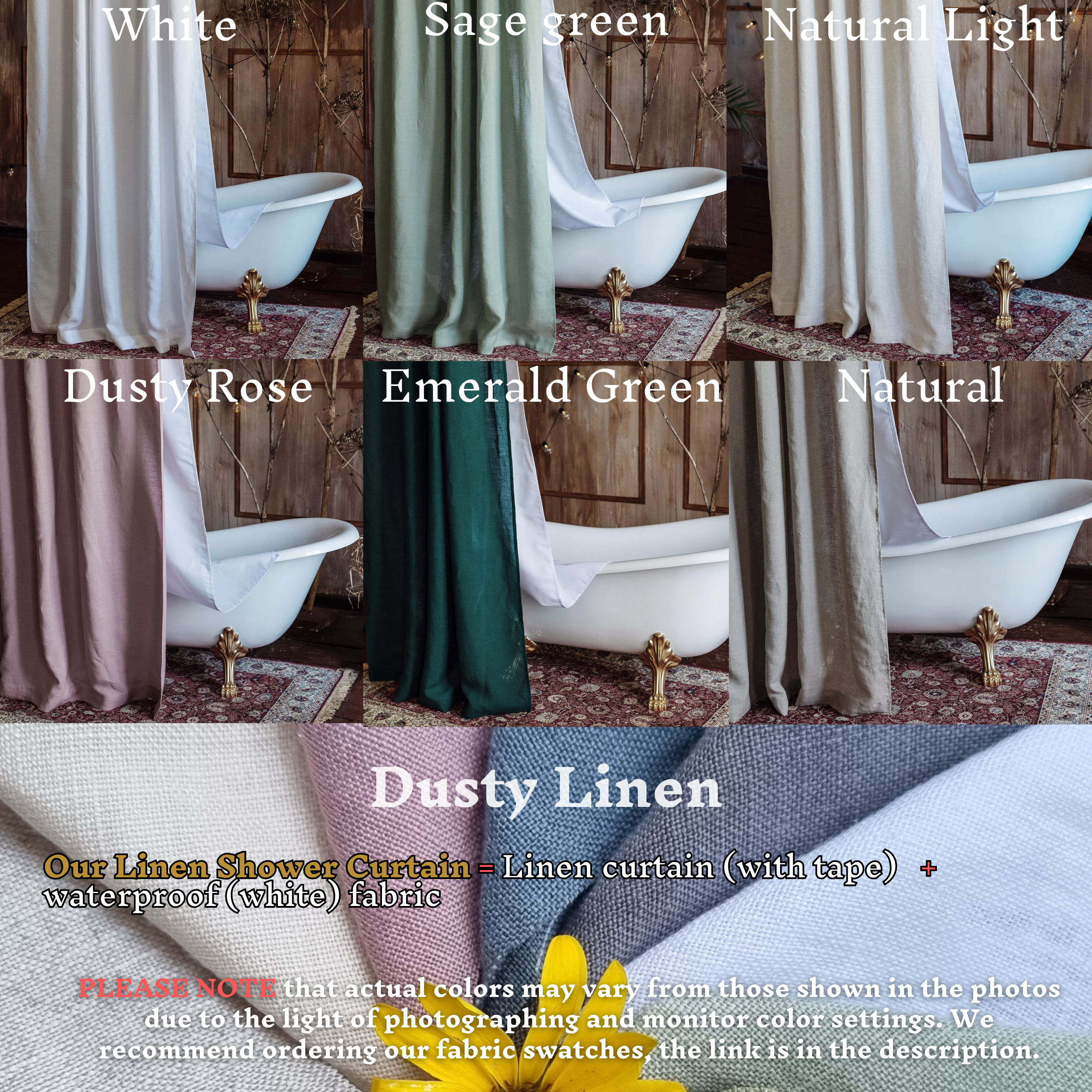 Green Shower Curtain With Long Linen in 25 Sizes