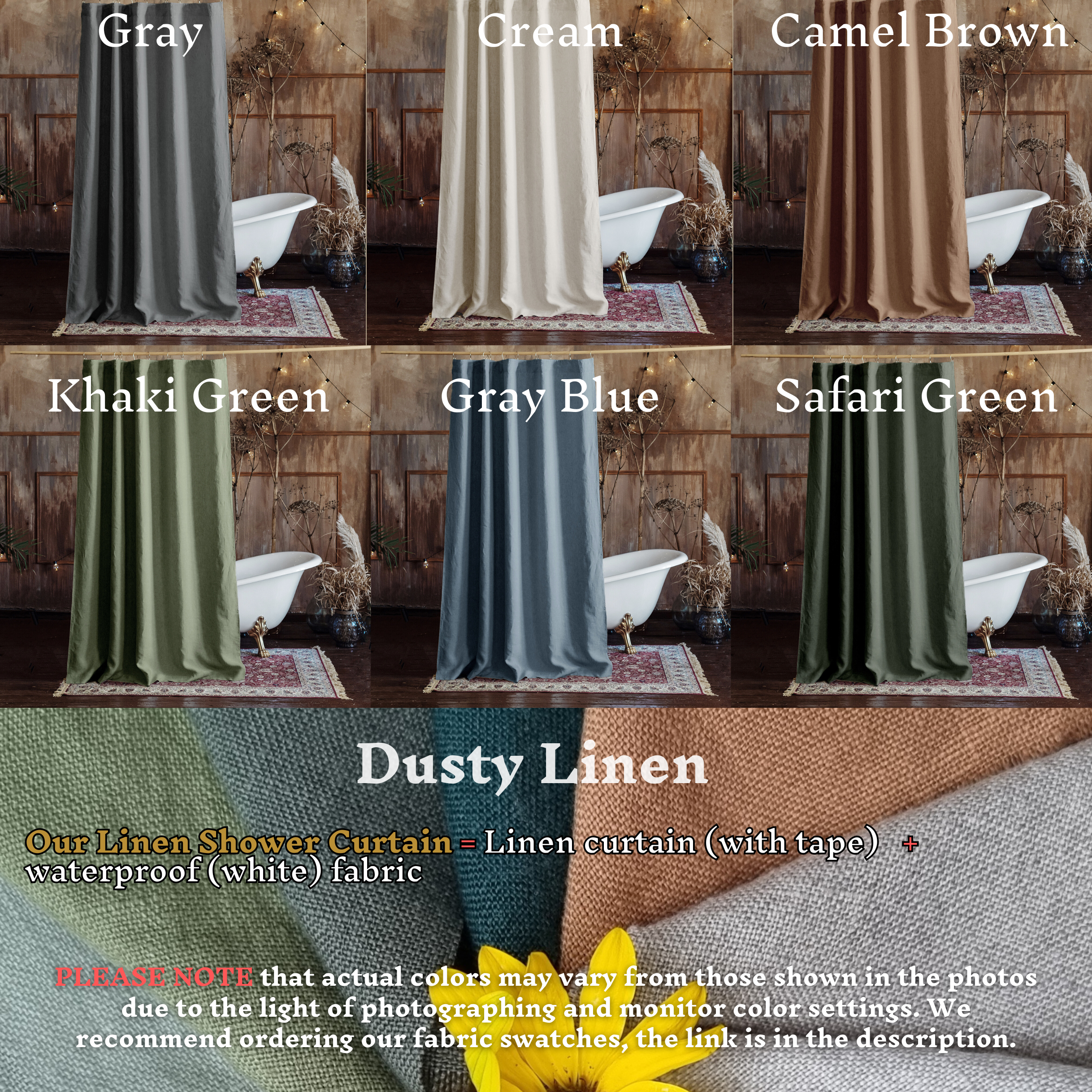 Green Shower Curtain With Long Linen in 25 Sizes