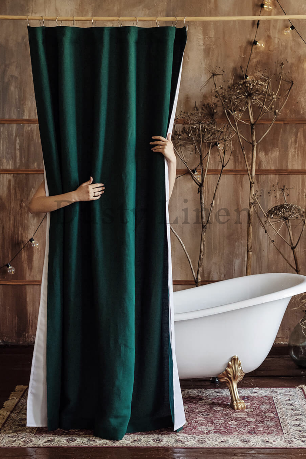 Rustic style a bathroom with a bathtub and a elegant shower curtain in emerald green.