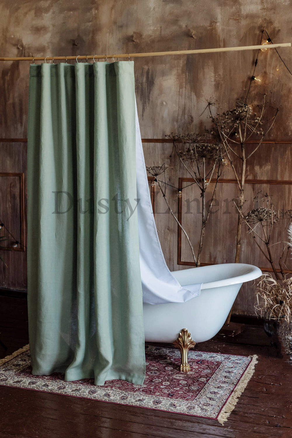 Bathroom decore with DustyLinen sage green custom shower curtain.