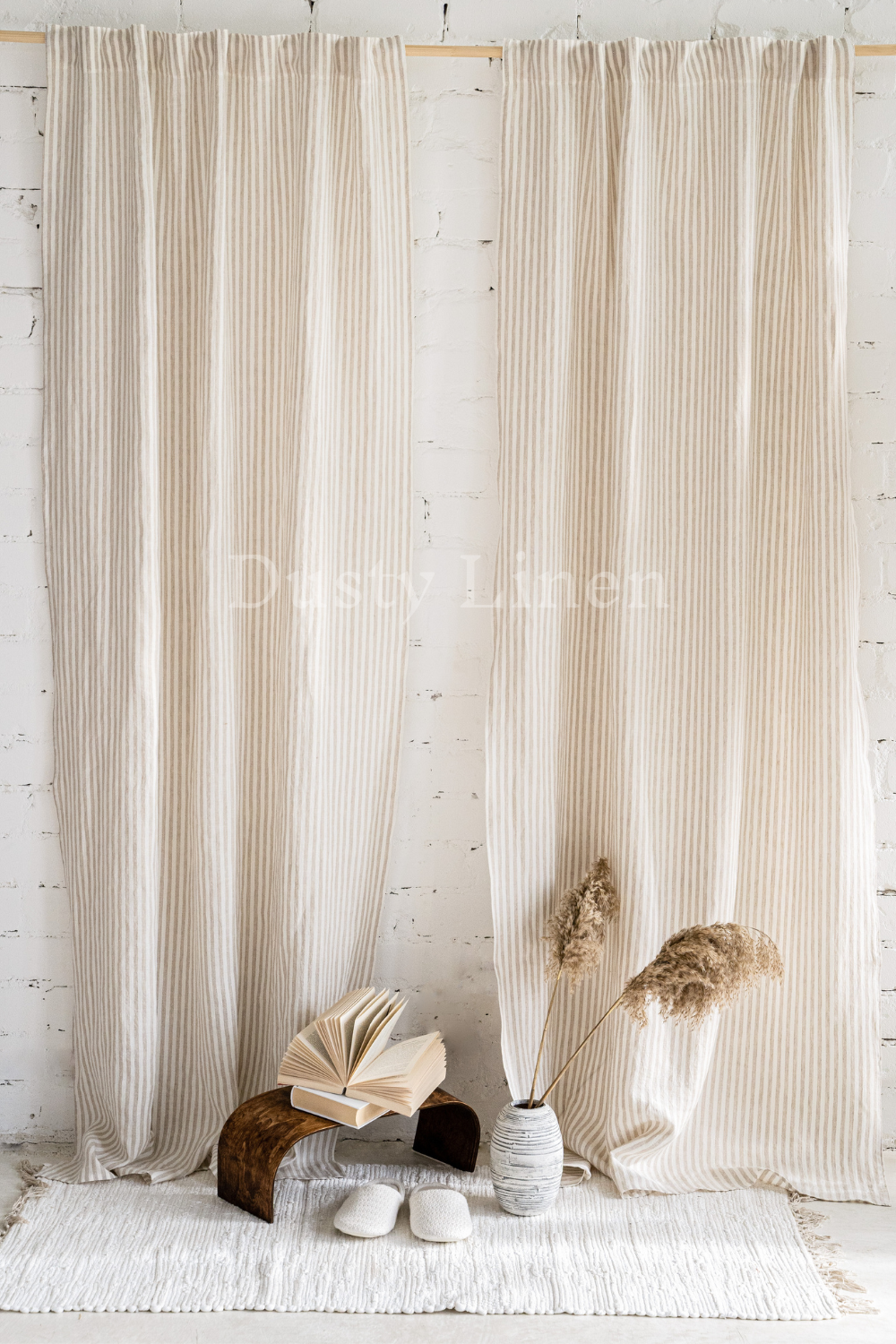 Set of 2 linen curtains (Density: 190 g/m2) in Striped Natural color