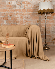 Camel brown linen couch cover washable, front view, 175 g/m²