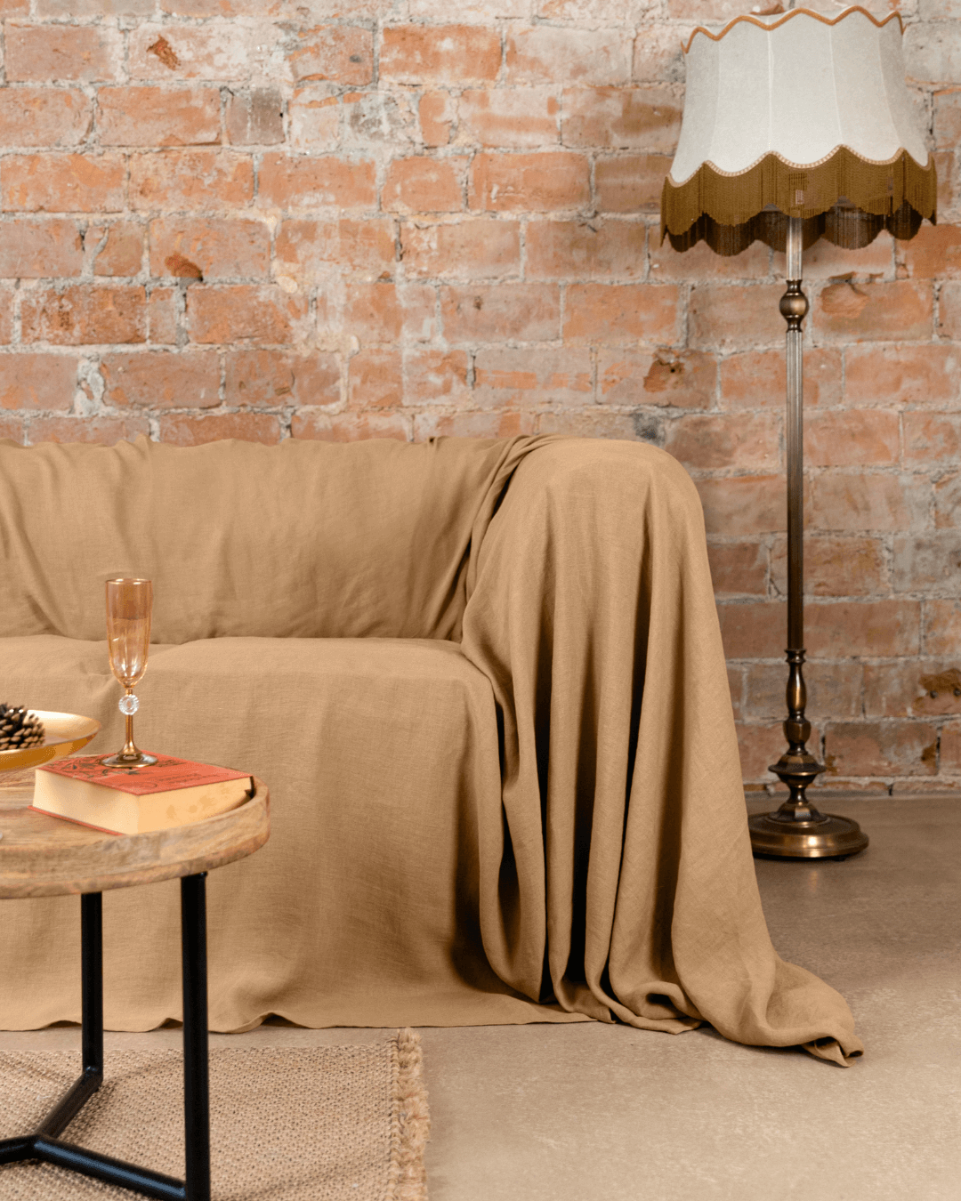 Camel brown linen couch cover washable, front view, 175 g/m²
