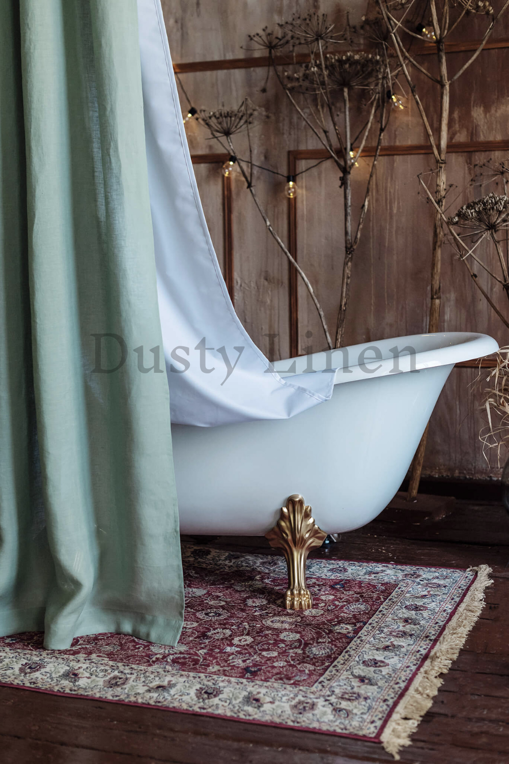 Best housewarming gift - Bathroom decoration with Dusty Linen sage green bathroom shower drape