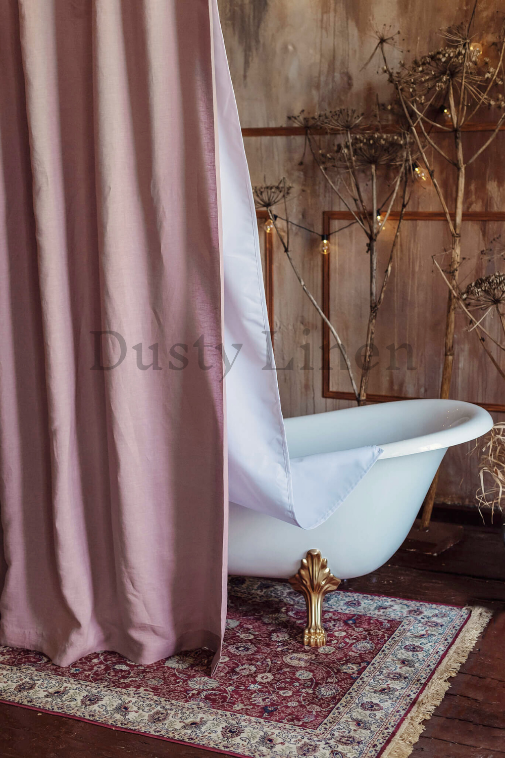 Barbie rose style a bathroom with a bathtub and a elegant linen shower curtain in Dusty Rose color.