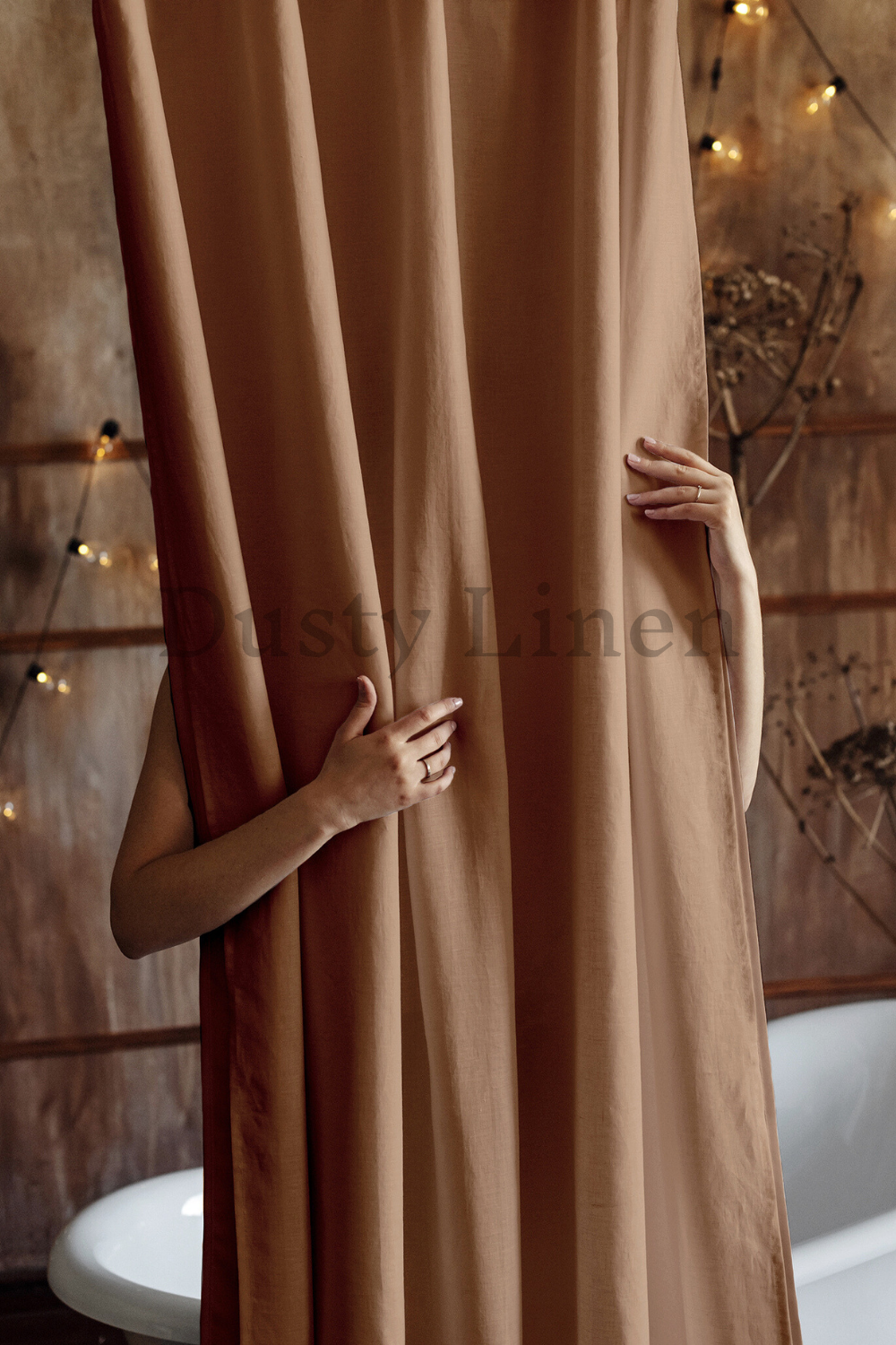 Best housewarming gift - Bathroom decoration with Dusty Linen camel brown bathroom shower drape