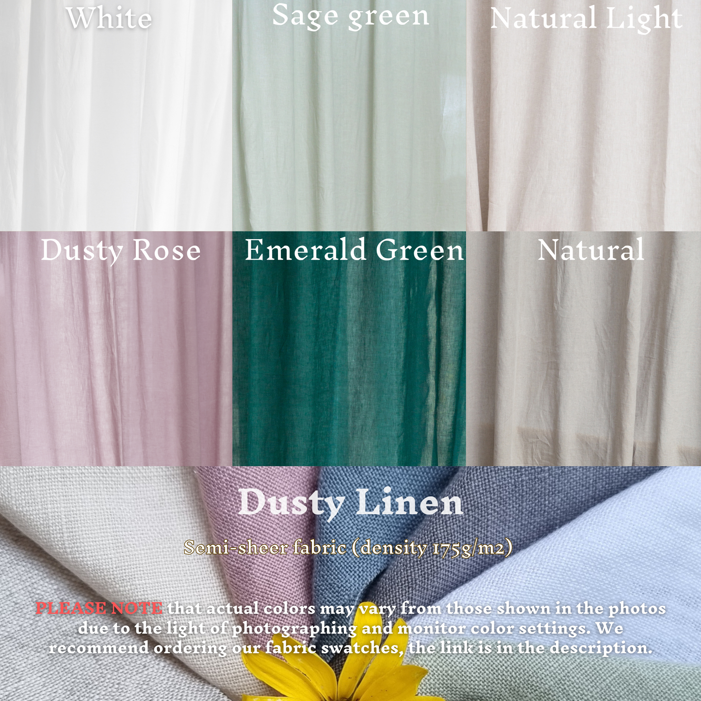 Set of 2 linen curtains (Density: 175 g/m2) in Safari Green color