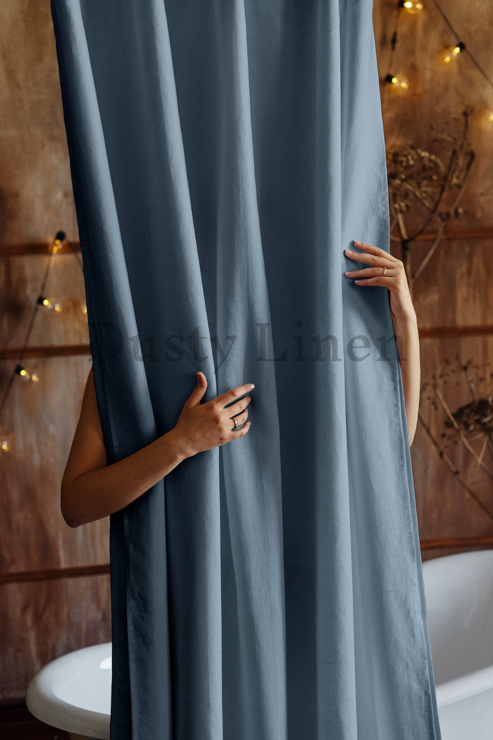 Gray Blue country style linen drapery - bathroom panel - bath curtain