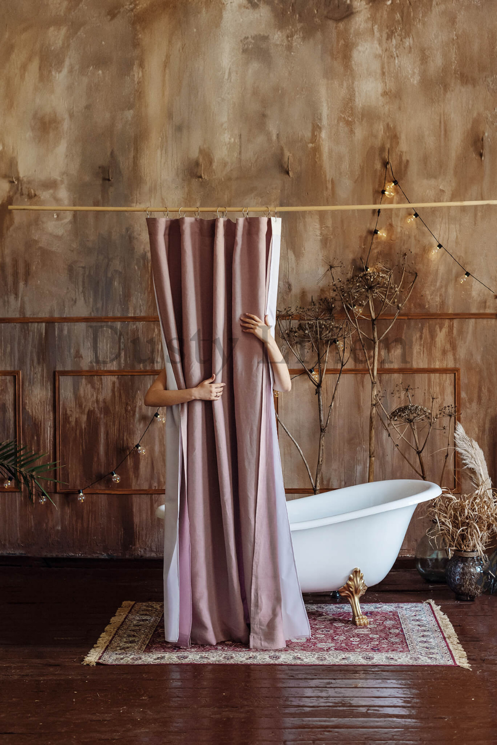 Dusty Linen made best selling dusty rose color linen bath curtain for rustic interior