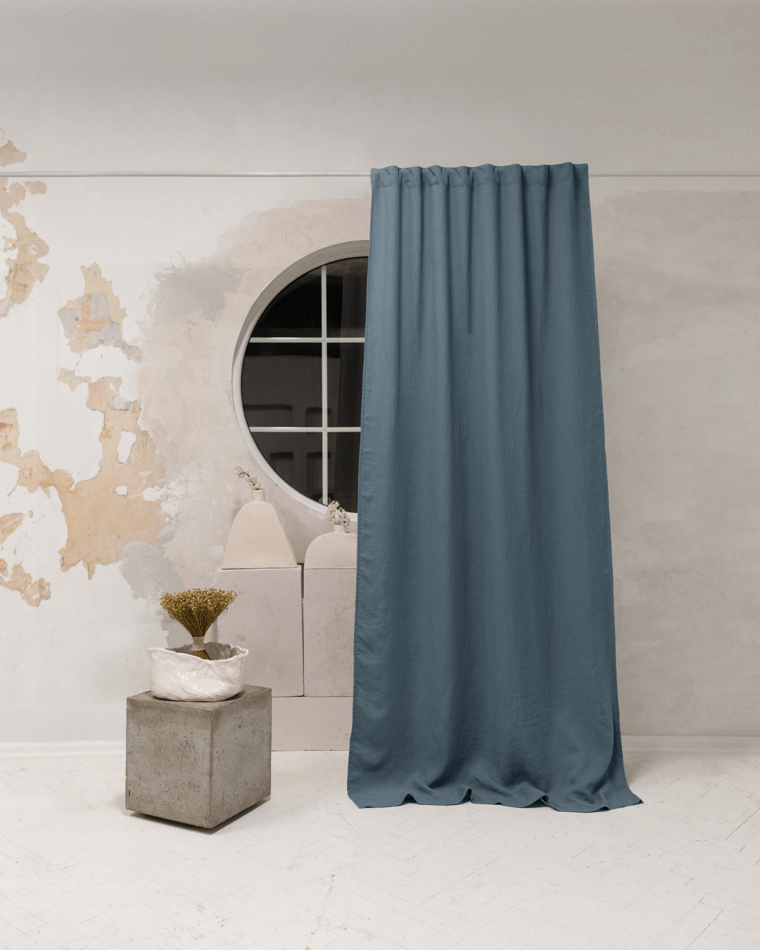 Gray blue linen blackout curtain panels, set of 2, front view