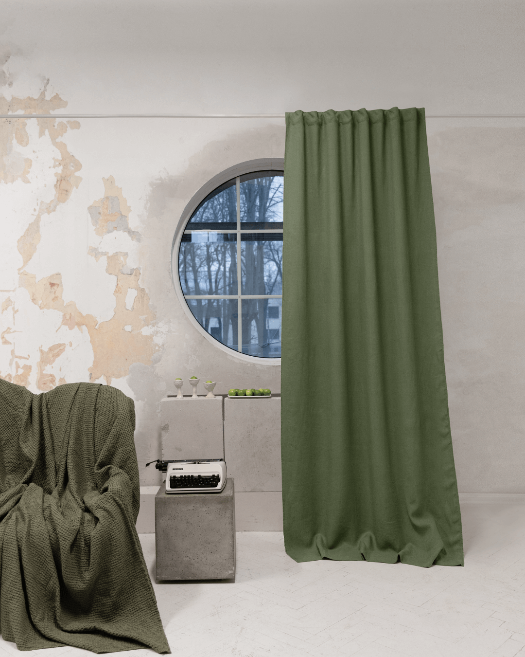 Khaki green linen blackout curtain panels, set of 2, front view