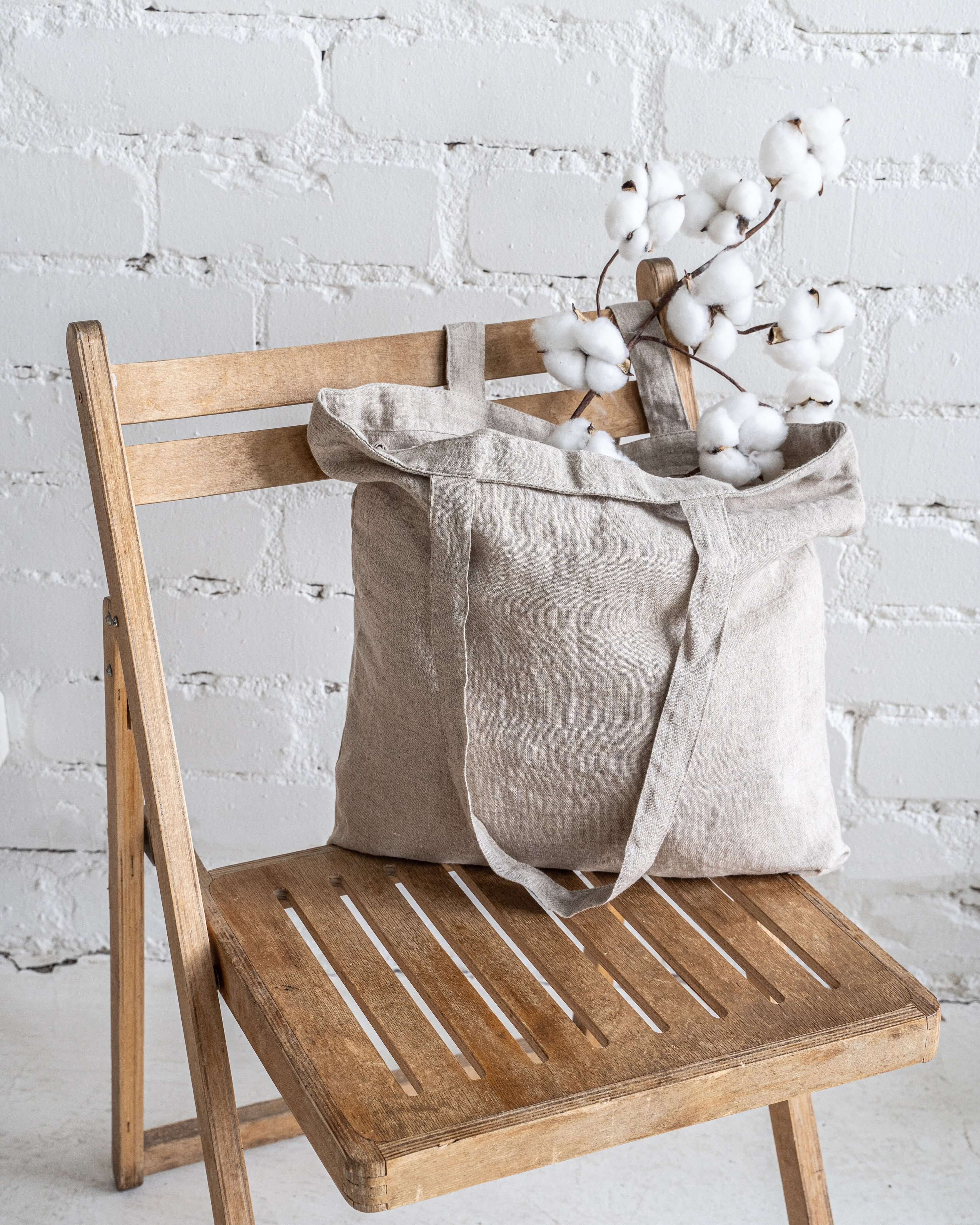 Linen tote bag close-up showing stitching and fabric quality