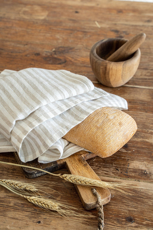Linen tea towel in Striped Natural. Choose from Dusty Linen