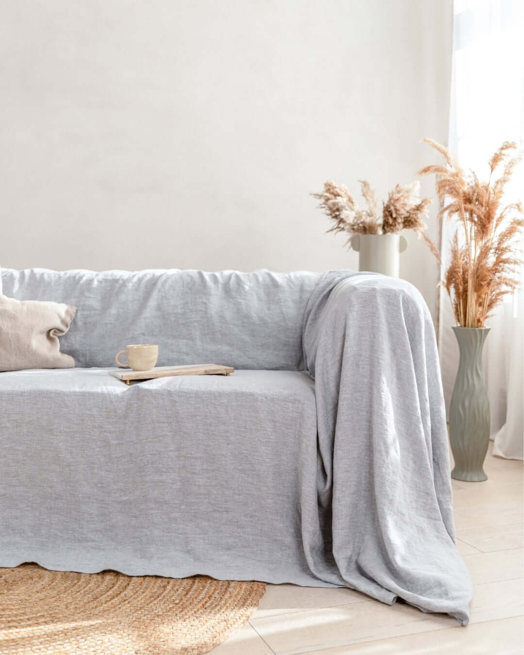 Melange gray linen sofa slipcover, seamless, front view, 190 g/m²