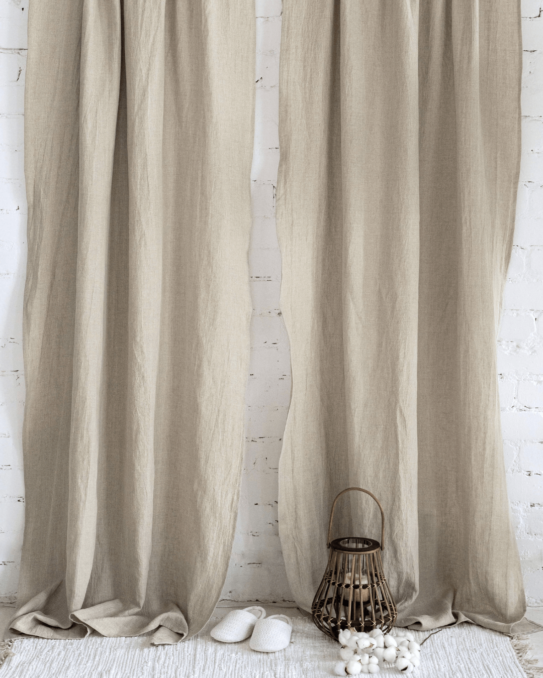 Linen curtain panels natural 190 gsm - full length view in styled room