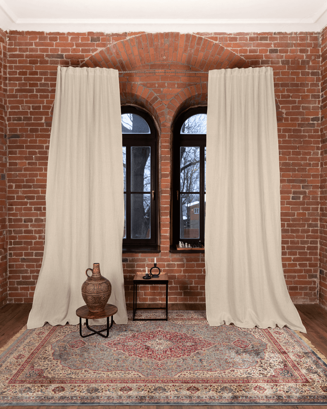 Semi-sheer linen curtain panels natural light, 190 g/m², set of 2, front view
