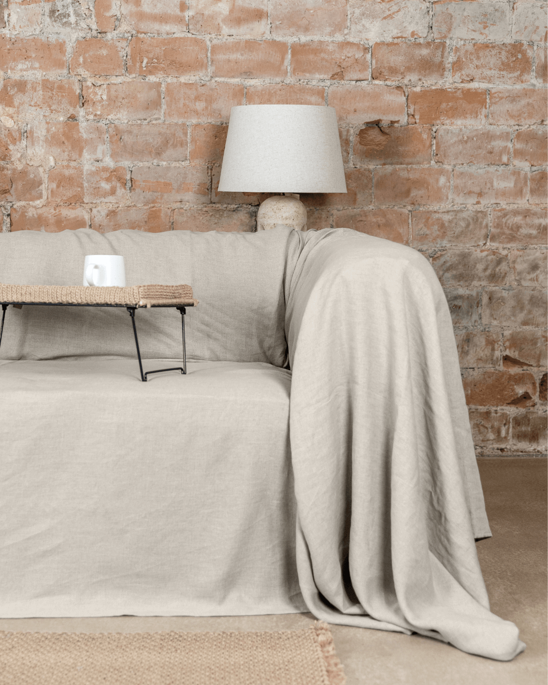Seamless natural linen sofa cover, front view, 175 g/m²