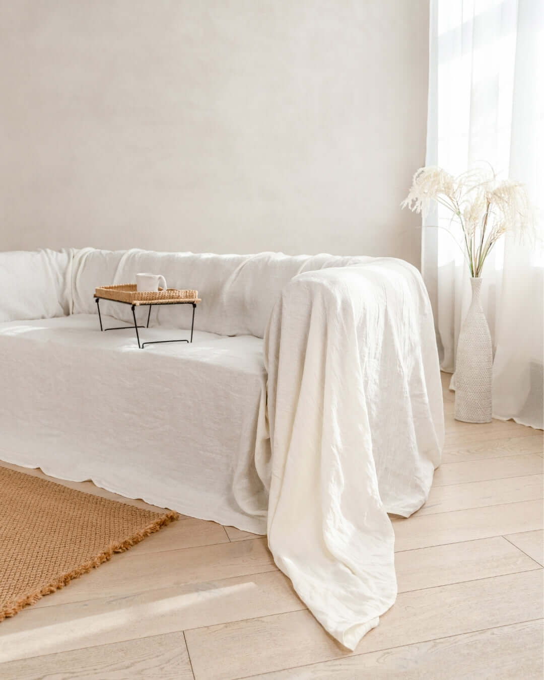 Off white linen couch cover custom size, seamless, front view, 190 g/m²